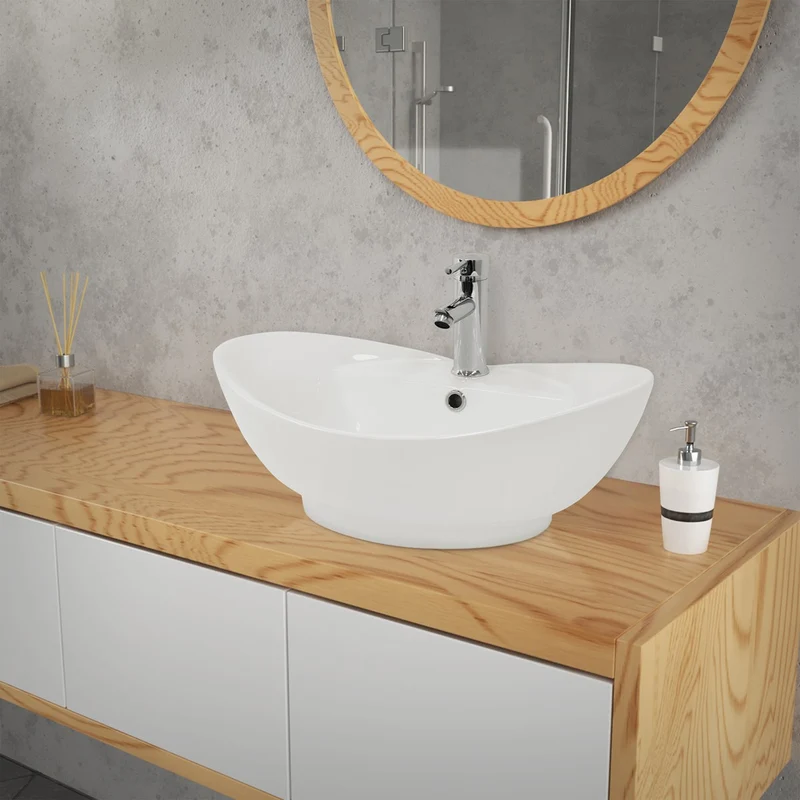 LuxeBath | Waschbecken Oval mit Überlauf 590x395x205 mm aus Keramik Waschplatz Handwaschbecken für das Badezimmer
