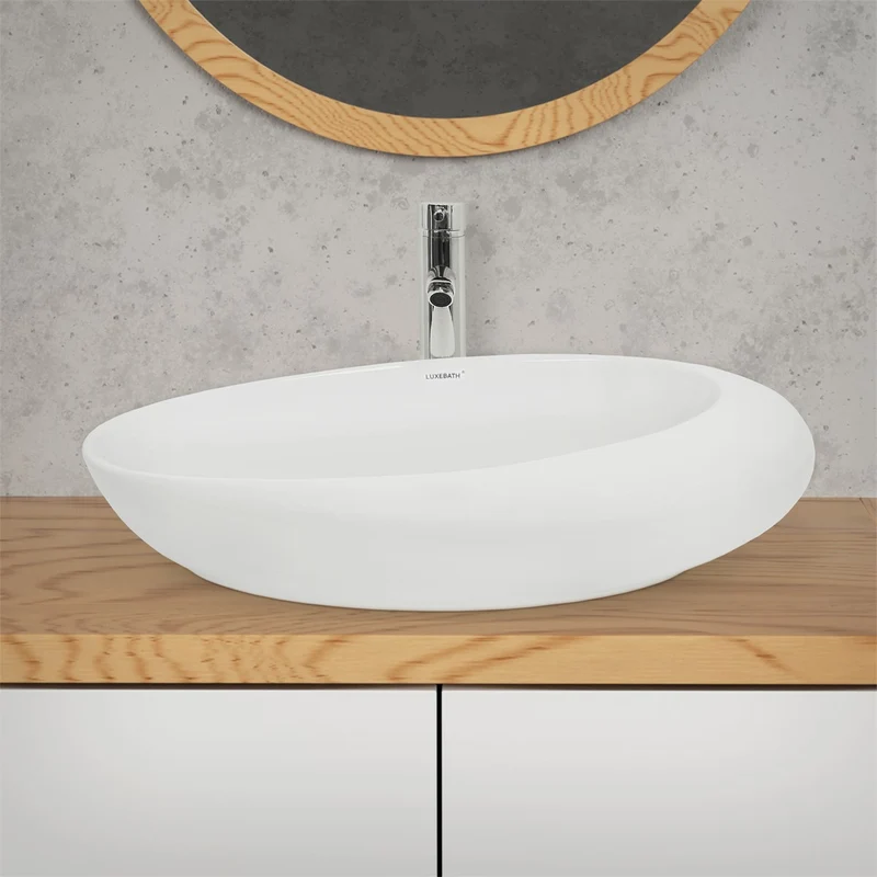 LuxeBath | Waschbecken Oval ohne Überlauf 585x375x145 mm aus Keramik Waschplatz Handwaschbecken für das Badezimmer