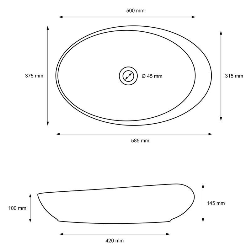 LuxeBath | Waschbecken Oval ohne Überlauf 585x375x145 mm aus Keramik Waschplatz Handwaschbecken für das Badezimmer