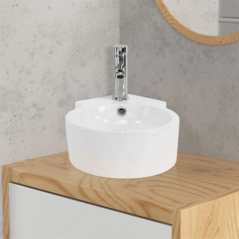 LuxeBath | Waschbecken Rundform mit Überlauf 450x360x130 mm aus Keramik Waschplatz Handwaschbecken für das Badezimmer