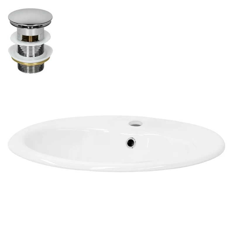 Waschbecken inkl. Ablaufgarnitur Silber mit Überlauf 57x48,5x19,5 cm Weiß aus Keramik LuxeBath