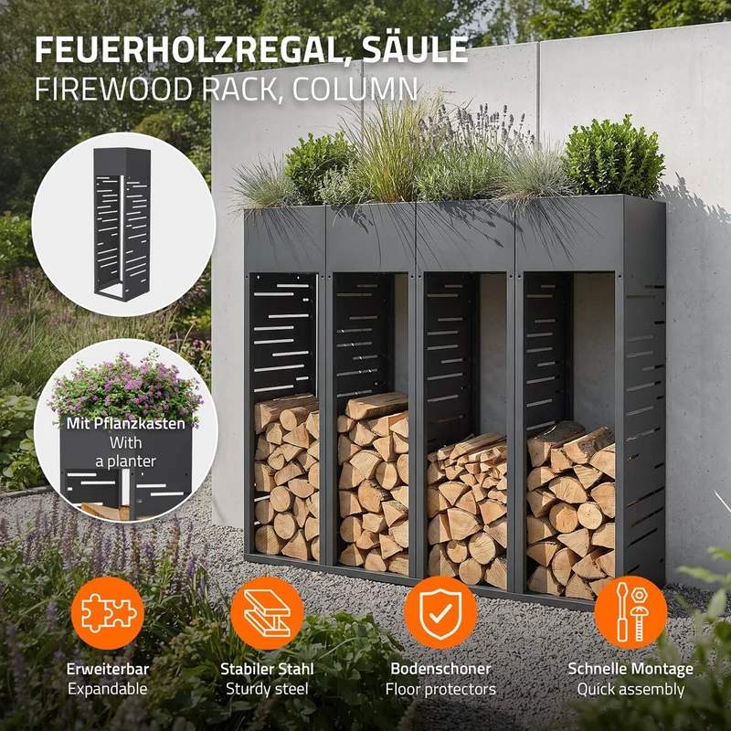 ML-DESIGN | Kaminholzregal Außen mit Pflanzkasten 30x30x111 cm Stahl verzinkt Anthrazit Brennholzregal Metall Holzstapelhilfe wetterfest Holzlager