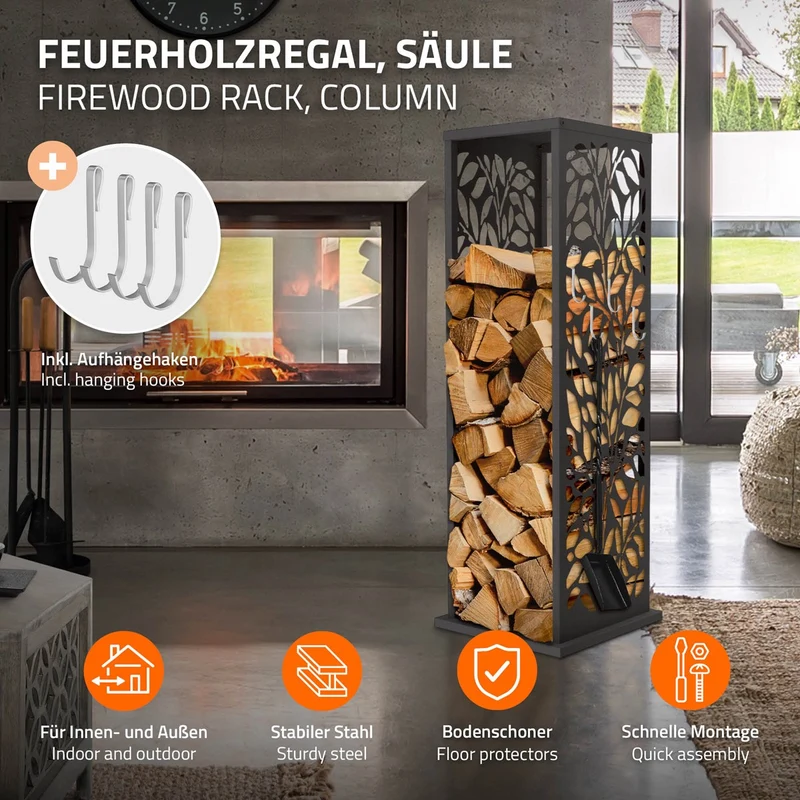 ML-DESIGN | Kaminholzregal Innen Außen 37,5x37,5x112 cm Stahl verzinkt Anthrazit Brennholzregal Metall Holzstapelhilfe wetterfest Säulen-Holzlager
