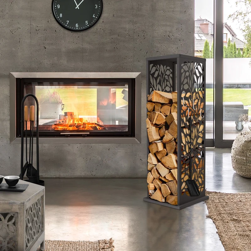 ML-DESIGN | Kaminholzregal Innen Außen 37,5x37,5x112 cm Stahl verzinkt Anthrazit Brennholzregal Metall Holzstapelhilfe wetterfest Säulen-Holzlager