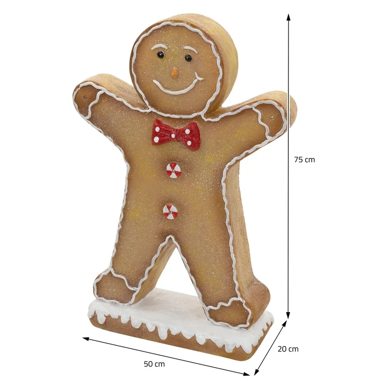 ECD GERMANY | Lebkuchenmann-Figur mit LED-Beleuchtung 75 cm, Braun, Weihnachtsdeko Innen, Lebkuchenfigur mit Fliege, Weihnachtsfigur Batteriebetrieben