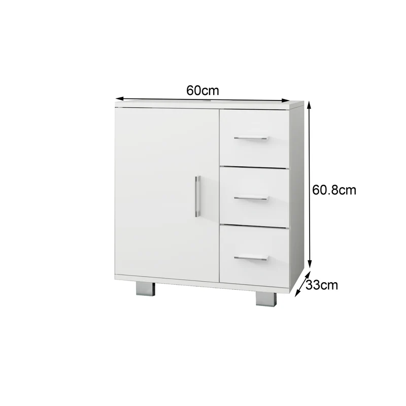 Waschbeckenunterschrank Badezimmerschrank 60x60,8x33 cm mit 1 Türen und 3 Schubladen Weiß ML-Design