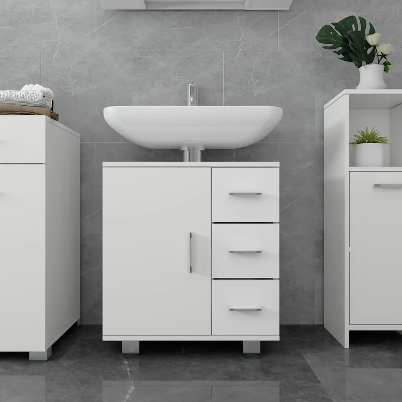Waschbeckenunterschrank Badezimmerschrank 60x60,8x33 cm mit 1 Türen und 3 Schubladen Weiß ML-Design