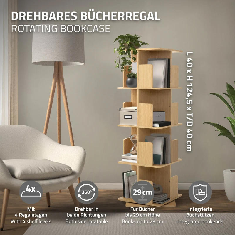 360° drehbares Bücherregal mit 4 Ebenen & 16 Fächern, Beige, 40x124,5x40 cm, freistehend Standregal ML-Design