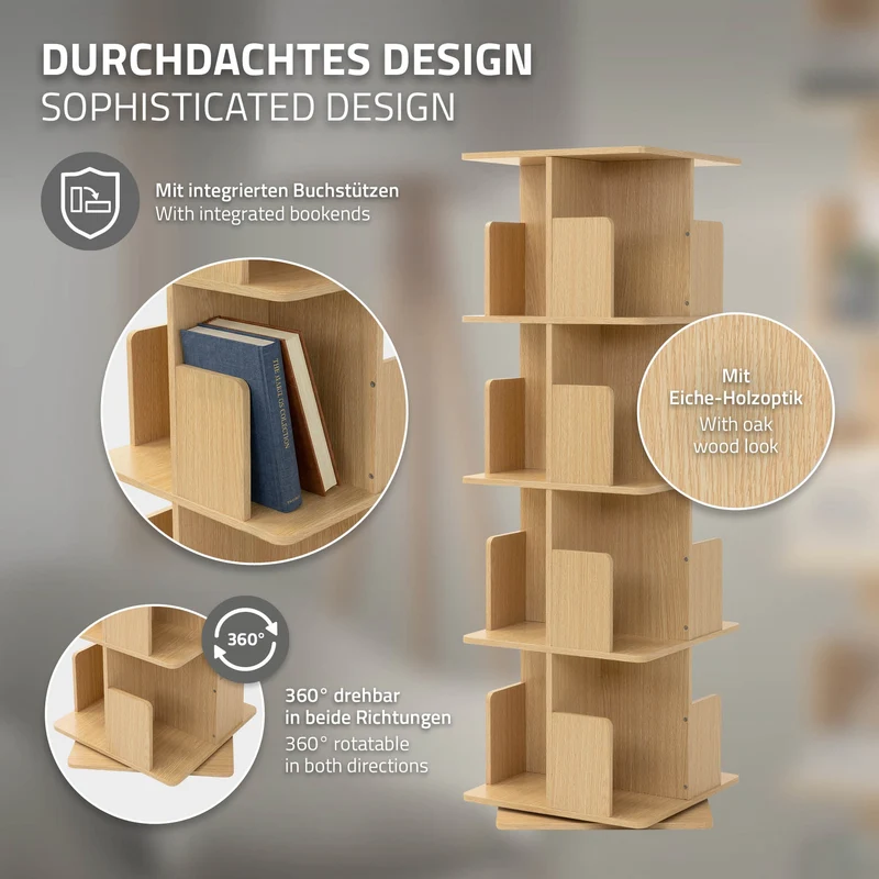 360° drehbares Bücherregal mit 4 Ebenen & 16 Fächern, Beige, 40x124,5x40 cm, freistehend Standregal ML-Design