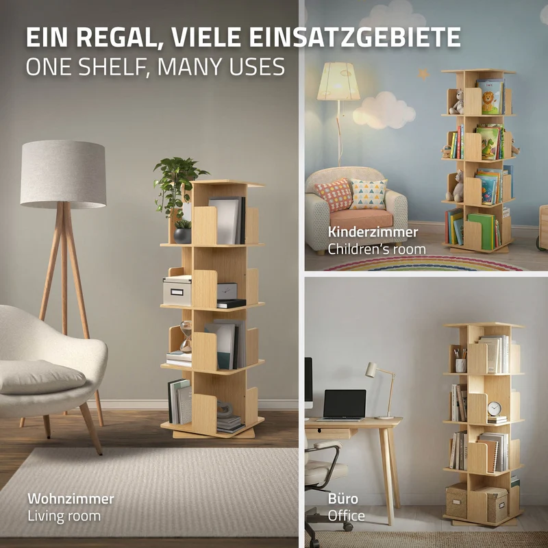 360° drehbares Bücherregal mit 4 Ebenen & 16 Fächern, Beige, 40x124,5x40 cm, freistehend Standregal ML-Design