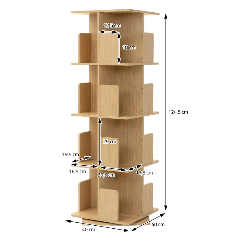 360° drehbares Bücherregal mit 4 Ebenen & 16 Fächern, Beige, 40x124,5x40 cm, freistehend Standregal ML-Design