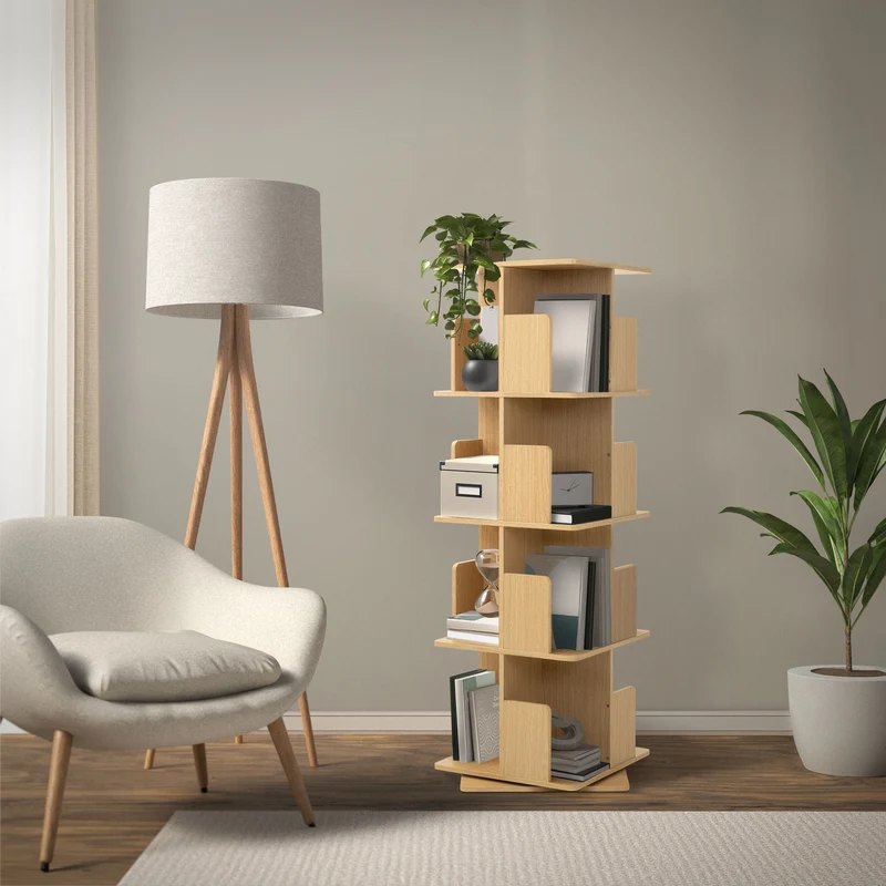360° drehbares Bücherregal mit 4 Ebenen & 16 Fächern, Beige, 40x124,5x40 cm, freistehend Standregal ML-Design
