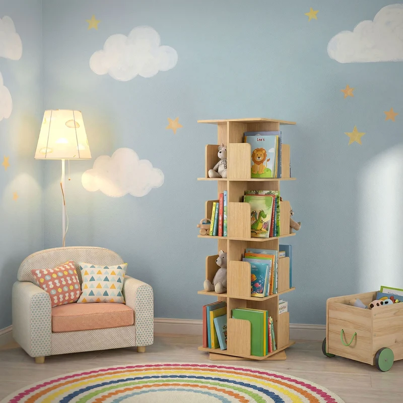 360° drehbares Bücherregal mit 4 Ebenen & 16 Fächern, Beige, 40x124,5x40 cm, freistehend Standregal ML-Design
