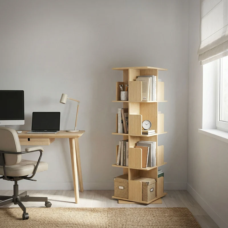 360° drehbares Bücherregal mit 4 Ebenen & 16 Fächern, Beige, 40x124,5x40 cm, freistehend Standregal ML-Design