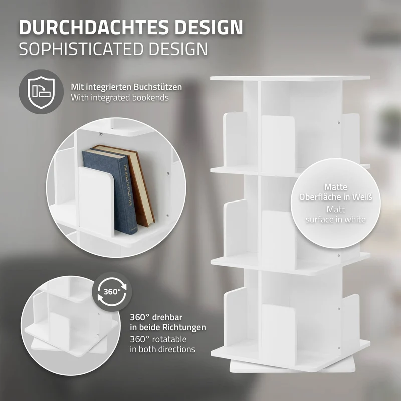 360° drehbares Bücherregal mit 3 Ebenen & 12 Fächern, Weiß, 40x94x40 cm, freistehend Standregal ML-Design
