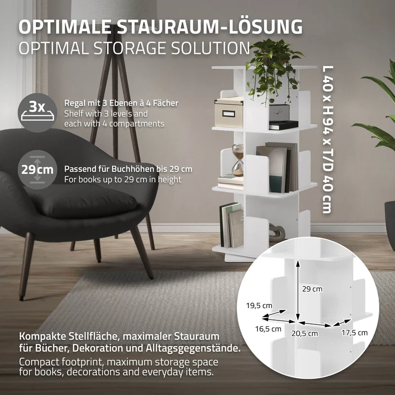 360° drehbares Bücherregal mit 3 Ebenen & 12 Fächern, Weiß, 40x94x40 cm, freistehend Standregal ML-Design
