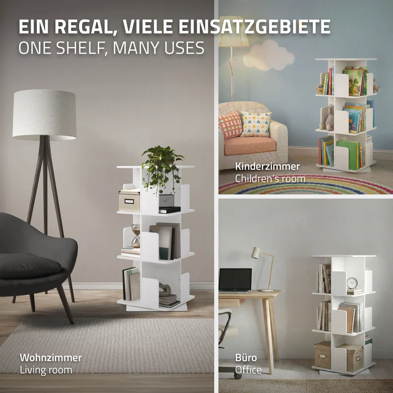 360° drehbares Bücherregal mit 3 Ebenen & 12 Fächern, Weiß, 40x94x40 cm, freistehend Standregal ML-Design
