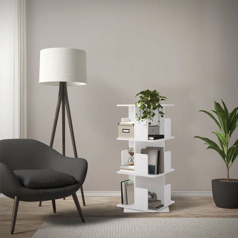360° drehbares Bücherregal mit 3 Ebenen & 12 Fächern, Weiß, 40x94x40 cm, freistehend Standregal ML-Design