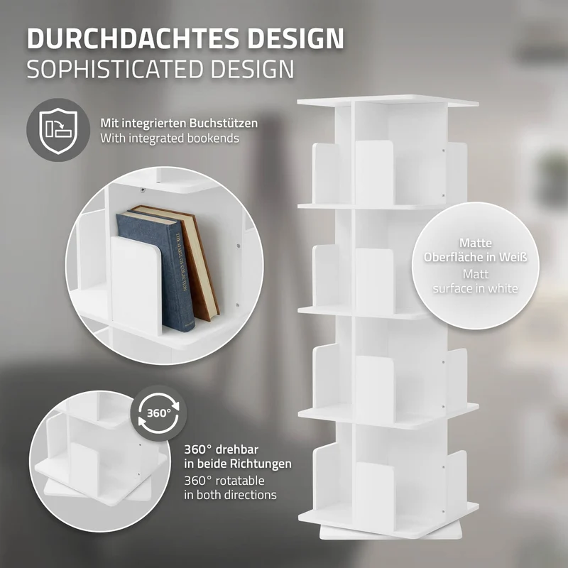 360° drehbares Bücherregal mit 4 Ebenen & 16 Fächern, Weiß, 40x124,5x40 cm, freistehend Standregal ML-Design