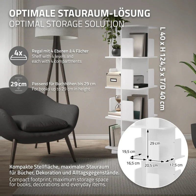 360° drehbares Bücherregal mit 4 Ebenen & 16 Fächern, Weiß, 40x124,5x40 cm, freistehend Standregal ML-Design