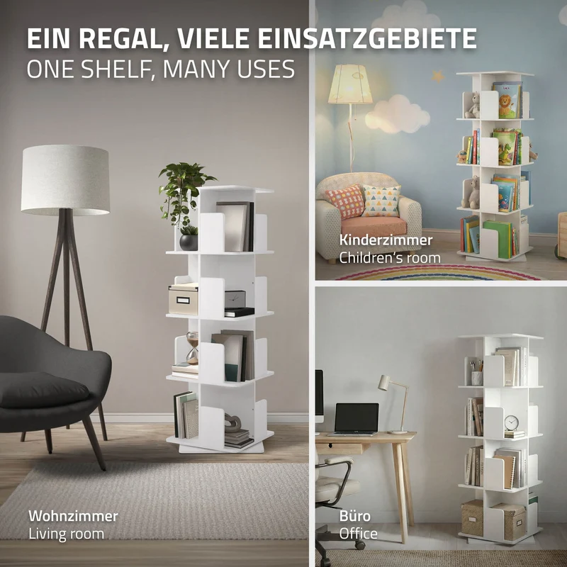 360° drehbares Bücherregal mit 4 Ebenen & 16 Fächern, Weiß, 40x124,5x40 cm, freistehend Standregal ML-Design