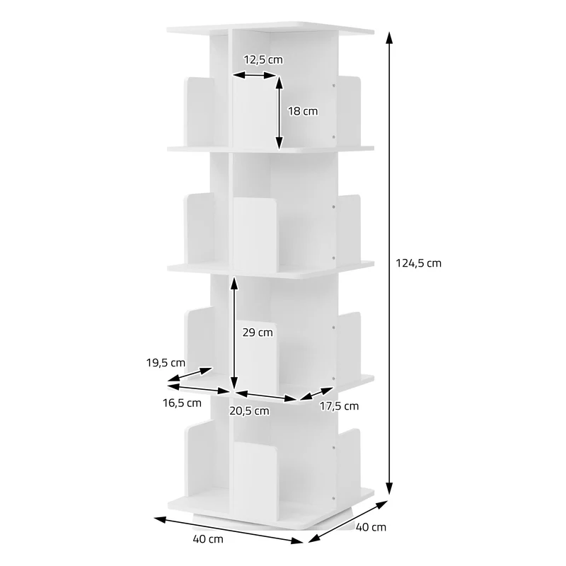 360° drehbares Bücherregal mit 4 Ebenen & 16 Fächern, Weiß, 40x124,5x40 cm, freistehend Standregal ML-Design