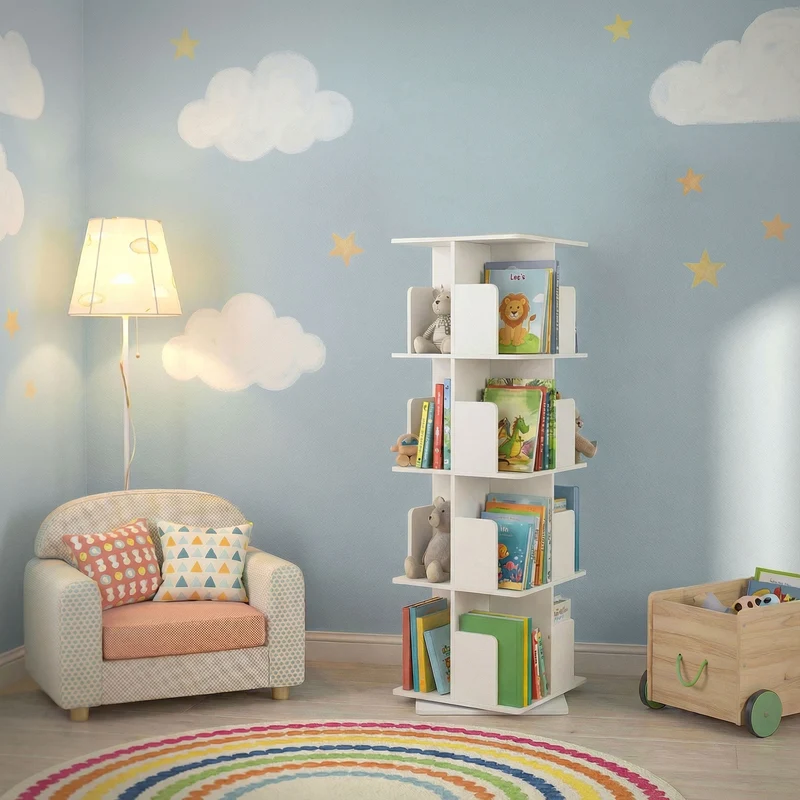 360° drehbares Bücherregal mit 4 Ebenen & 16 Fächern, Weiß, 40x124,5x40 cm, freistehend Standregal ML-Design