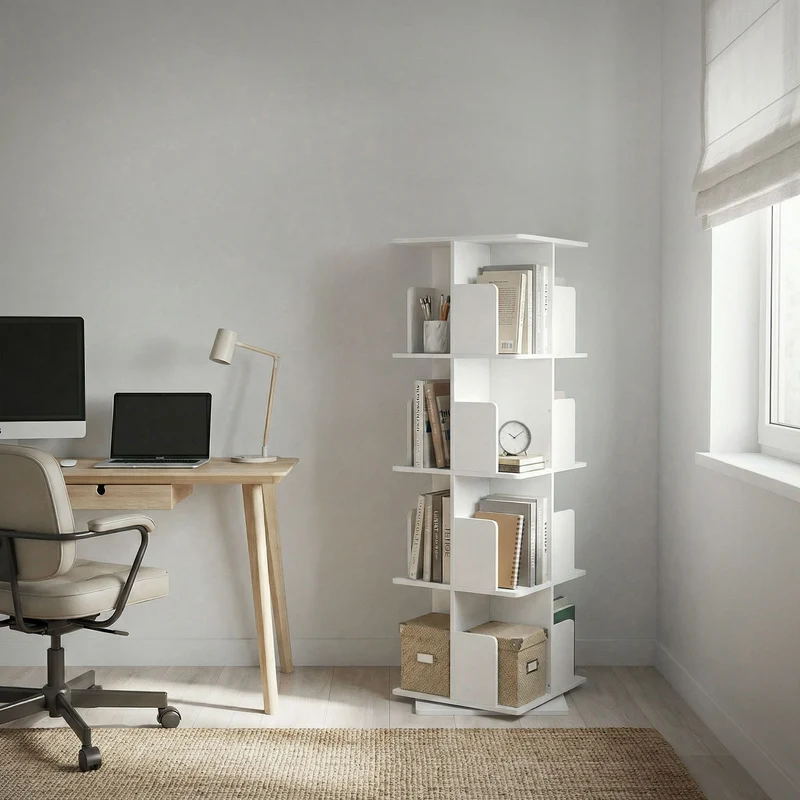 360° drehbares Bücherregal mit 4 Ebenen & 16 Fächern, Weiß, 40x124,5x40 cm, freistehend Standregal ML-Design