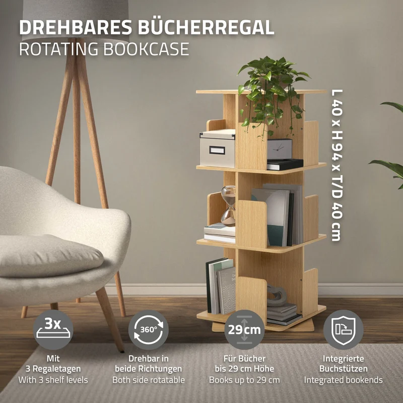 360° drehbares Bücherregal mit 3 Ebenen & 12 Fächern, Beige, 40x94x40 cm, freistehend Standregal ML-Design