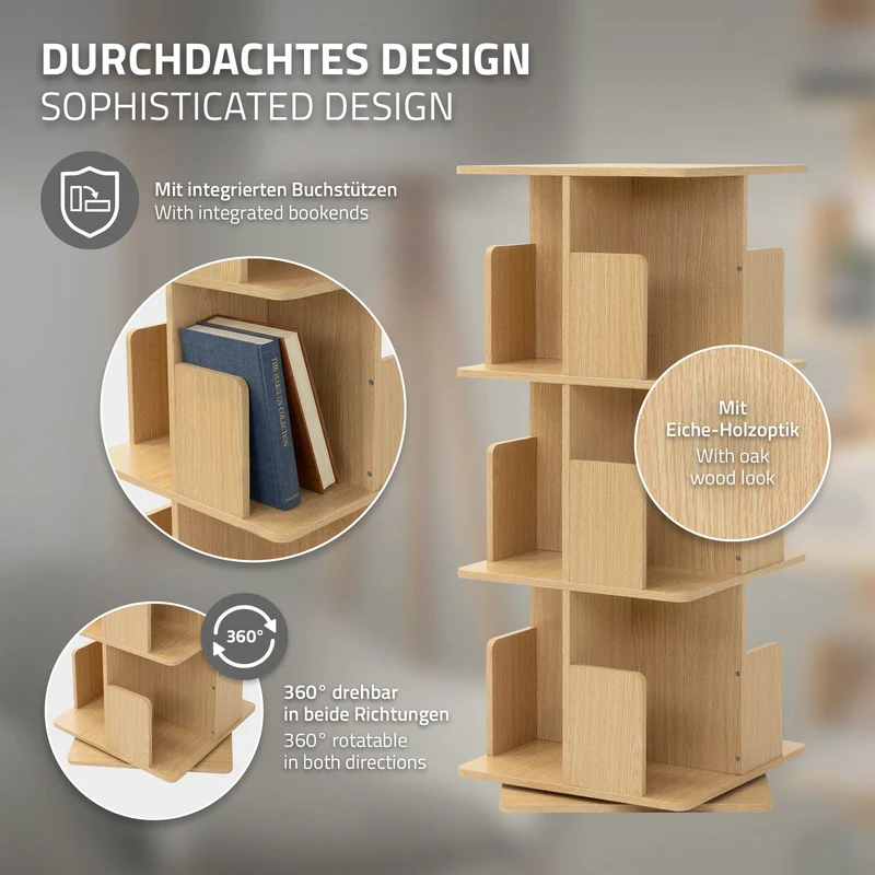 360° drehbares Bücherregal mit 3 Ebenen & 12 Fächern, Beige, 40x94x40 cm, freistehend Standregal ML-Design