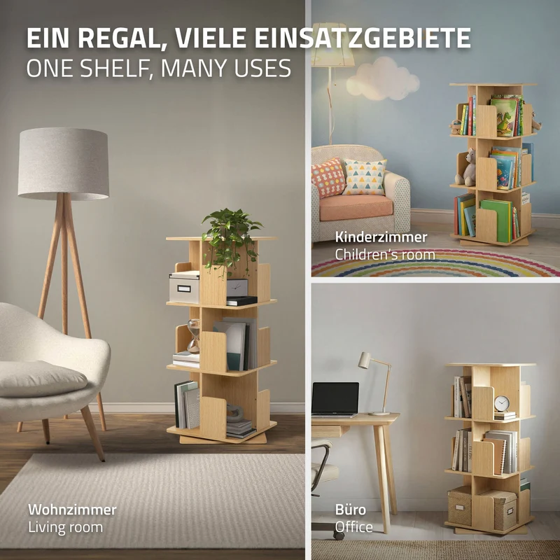 360° drehbares Bücherregal mit 3 Ebenen & 12 Fächern, Beige, 40x94x40 cm, freistehend Standregal ML-Design