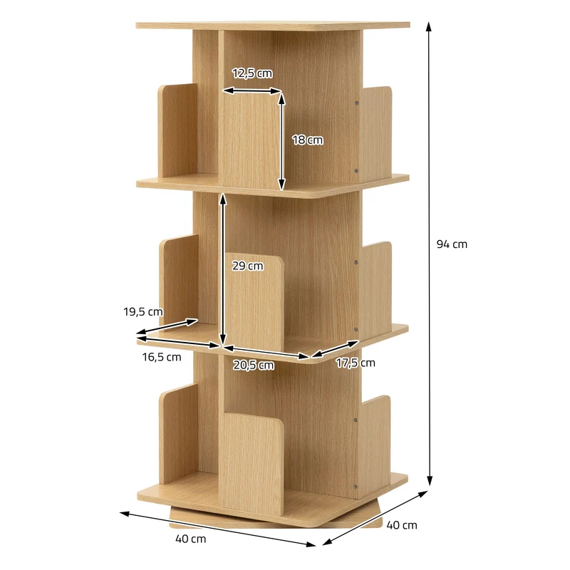 360° drehbares Bücherregal mit 3 Ebenen & 12 Fächern, Beige, 40x94x40 cm, freistehend Standregal ML-Design