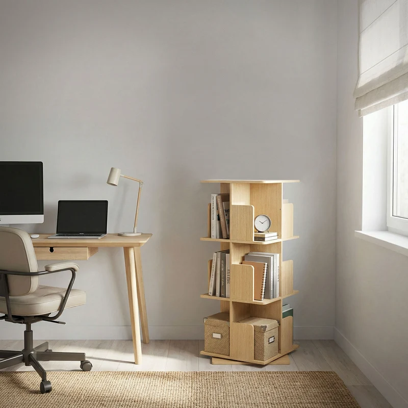 360° drehbares Bücherregal mit 3 Ebenen & 12 Fächern, Beige, 40x94x40 cm, freistehend Standregal ML-Design