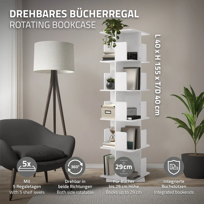 360° drehbares Bücherregal mit 5 Ebenen & 20 Fächern, Weiß, 40x155x40 cm, freistehend Standregal ML-Design