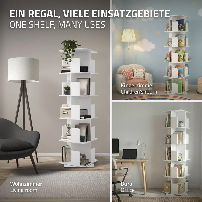 360° drehbares Bücherregal mit 5 Ebenen & 20 Fächern, Weiß, 40x155x40 cm, freistehend Standregal ML-Design