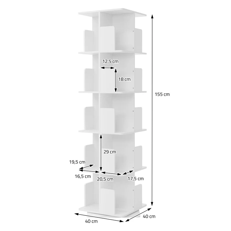 360° drehbares Bücherregal mit 5 Ebenen & 20 Fächern, Weiß, 40x155x40 cm, freistehend Standregal ML-Design
