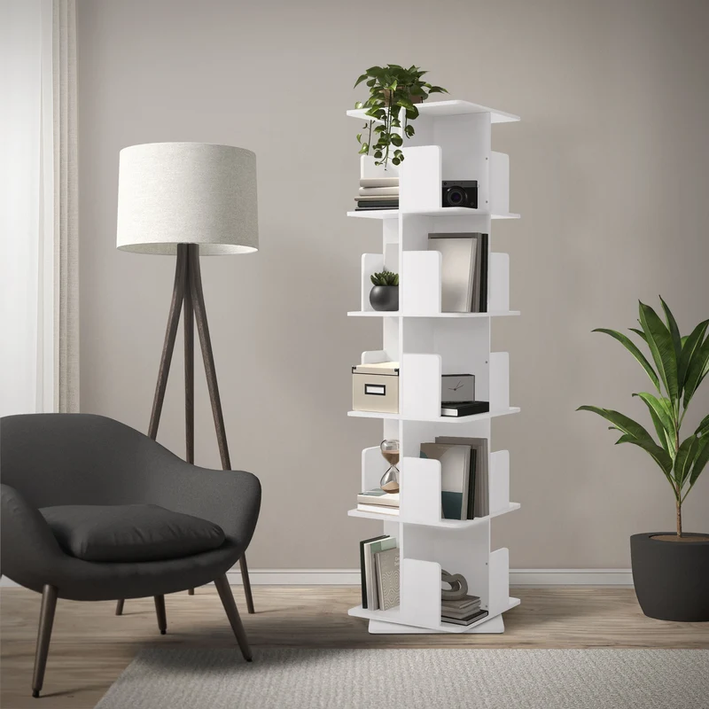 360° drehbares Bücherregal mit 5 Ebenen & 20 Fächern, Weiß, 40x155x40 cm, freistehend Standregal ML-Design
