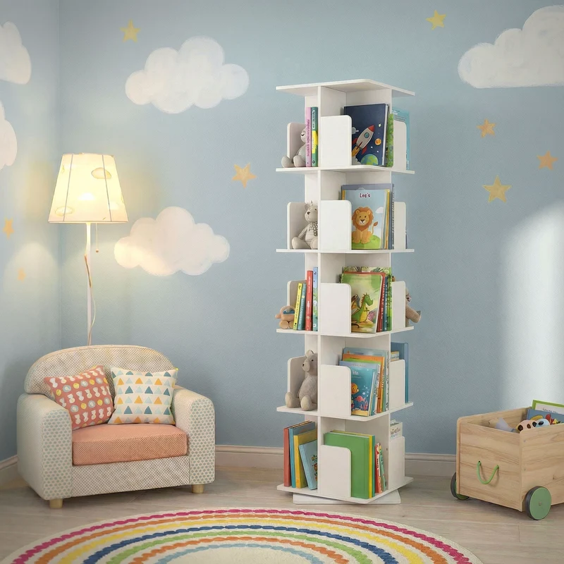 360° drehbares Bücherregal mit 5 Ebenen & 20 Fächern, Weiß, 40x155x40 cm, freistehend Standregal ML-Design