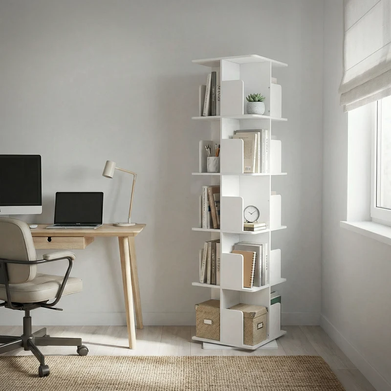 360° drehbares Bücherregal mit 5 Ebenen & 20 Fächern, Weiß, 40x155x40 cm, freistehend Standregal ML-Design