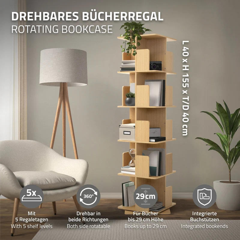 360° drehbares Bücherregal mit 5 Ebenen & 20 Fächern, Beige, 40x155x40 cm, freistehend Standregal ML-Design