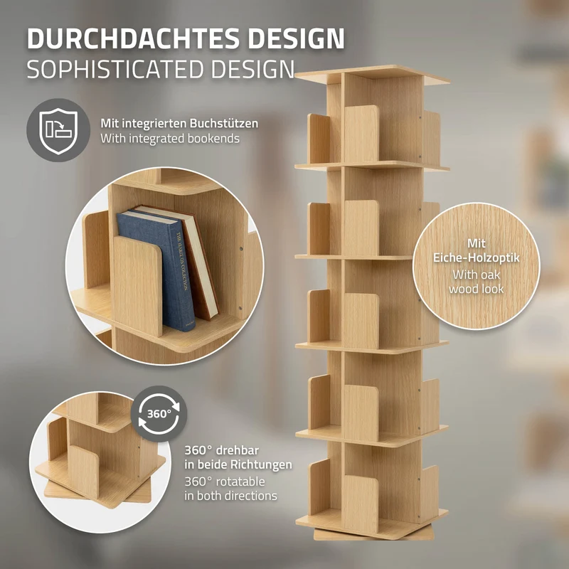 360° drehbares Bücherregal mit 5 Ebenen & 20 Fächern, Beige, 40x155x40 cm, freistehend Standregal ML-Design