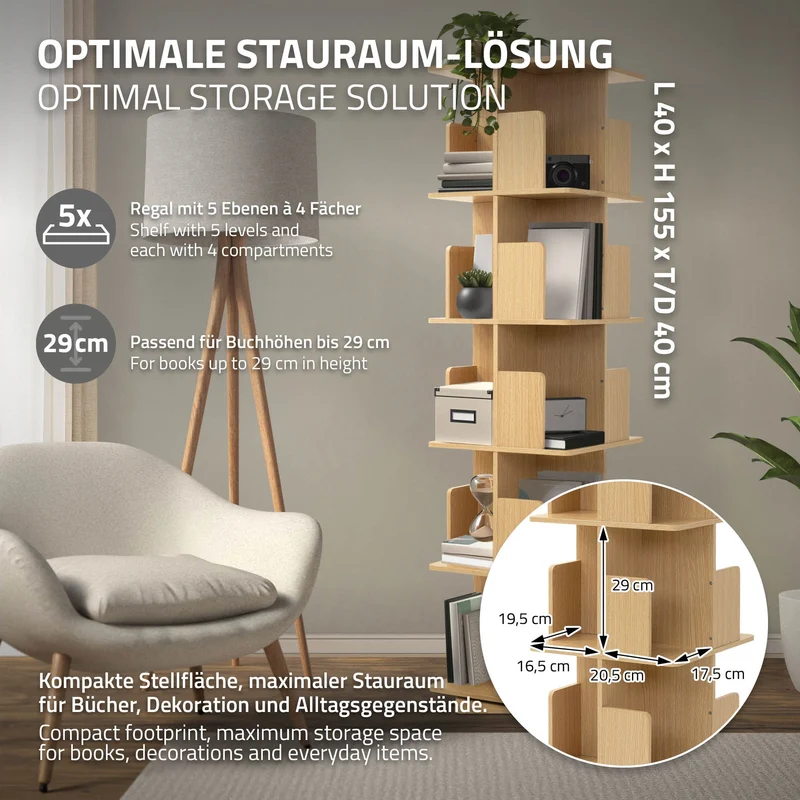 360° drehbares Bücherregal mit 5 Ebenen & 20 Fächern, Beige, 40x155x40 cm, freistehend Standregal ML-Design