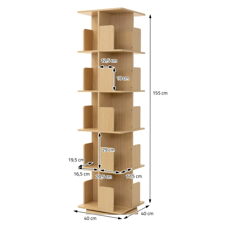 360° drehbares Bücherregal mit 5 Ebenen & 20 Fächern, Beige, 40x155x40 cm, freistehend Standregal ML-Design