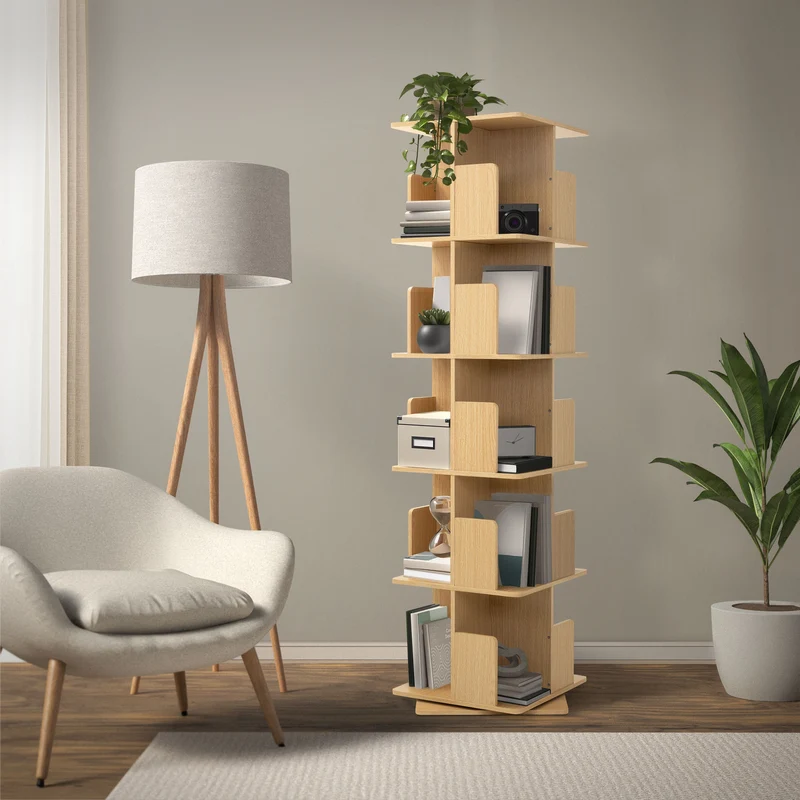 360° drehbares Bücherregal mit 5 Ebenen & 20 Fächern, Beige, 40x155x40 cm, freistehend Standregal ML-Design