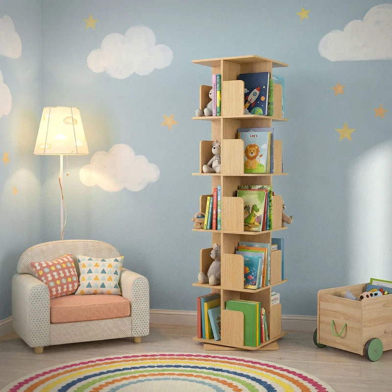 360° drehbares Bücherregal mit 5 Ebenen & 20 Fächern, Beige, 40x155x40 cm, freistehend Standregal ML-Design