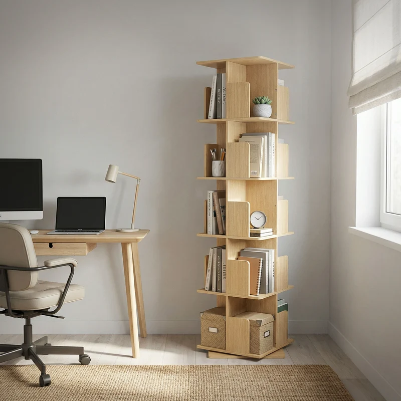 360° drehbares Bücherregal mit 5 Ebenen & 20 Fächern, Beige, 40x155x40 cm, freistehend Standregal ML-Design