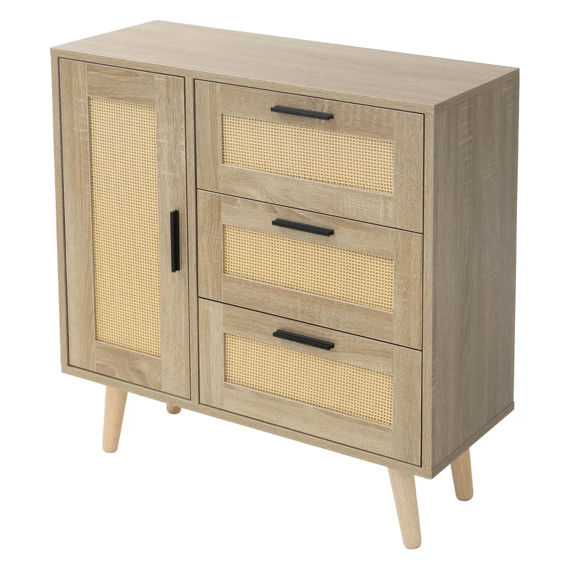 Kommode Sideboard mit Softclose Tür & 3 Schubladen 74x76x30 cm Eiche-Optik mit Rattanfront ML-Design