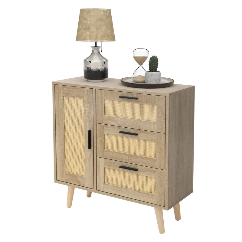 Kommode Sideboard mit Softclose Tür & 3 Schubladen 74x76x30 cm Eiche-Optik mit Rattanfront ML-Design