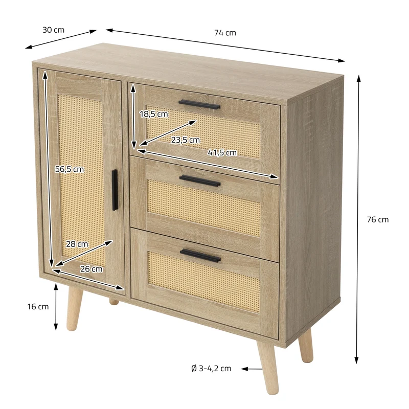 Kommode Sideboard mit Softclose Tür & 3 Schubladen 74x76x30 cm Eiche-Optik mit Rattanfront ML-Design