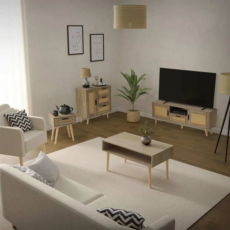 Kommode Sideboard mit Softclose Tür & 3 Schubladen 74x76x30 cm Eiche-Optik mit Rattanfront ML-Design